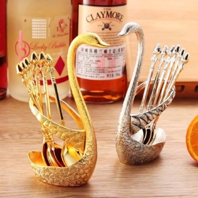 Cutlery Spoon Set with Swan Holder – 6pcs Tea Spoon Set with Stand
