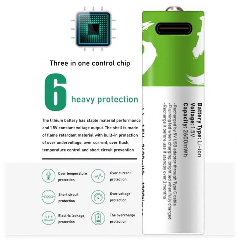 Rechargeable Li-ion AA via USB Type C Battery 1.5V (2 Pcs Set) thumbnail 4