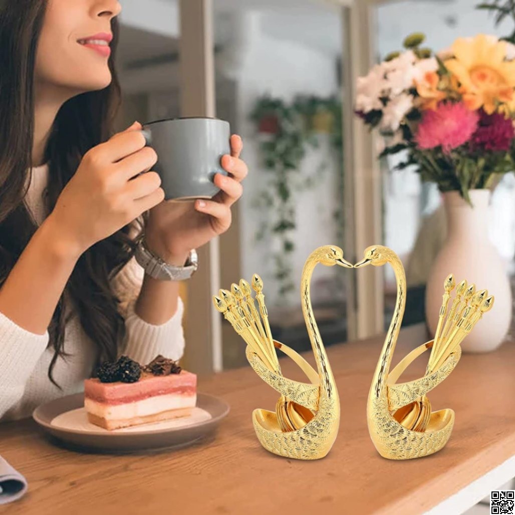 Cutlery Spoon Set with Swan Holder – 6pcs Tea Spoon Set with Stand thumbnail 6