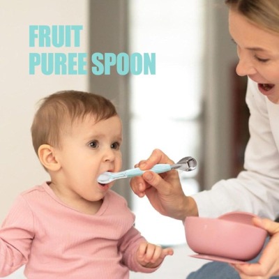 Double Head Fruit Scratching Feeding Spoon for Babies - Silicone Scraping Mud Spoon & Weaning Accessory thumbnail 4