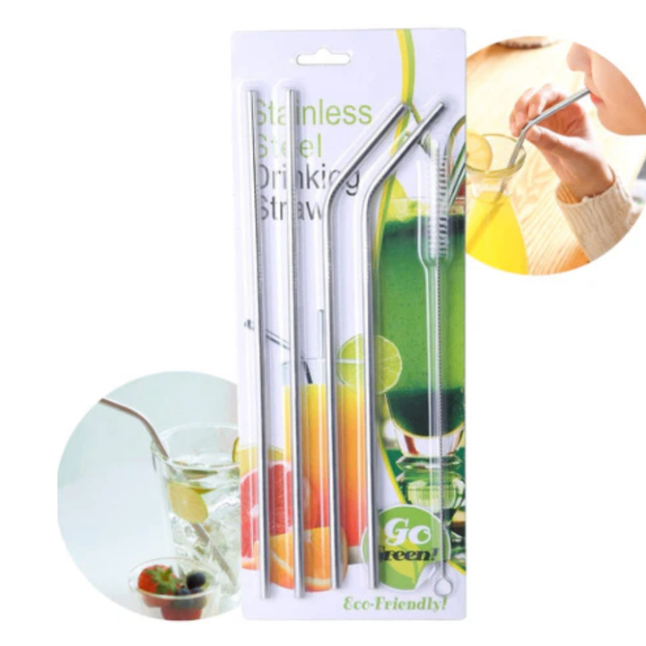 4 Pcs Reusable Stainless Steel Drinking Straw Set with Cleaning Brush (Pack of 5)