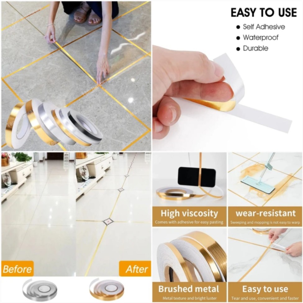 50 Meter Golden Self-Adhesive Waterproof Tile Sealing Tape – Luxury Wall & Floor Gap Sealing Strip for Home Decor thumbnail 3