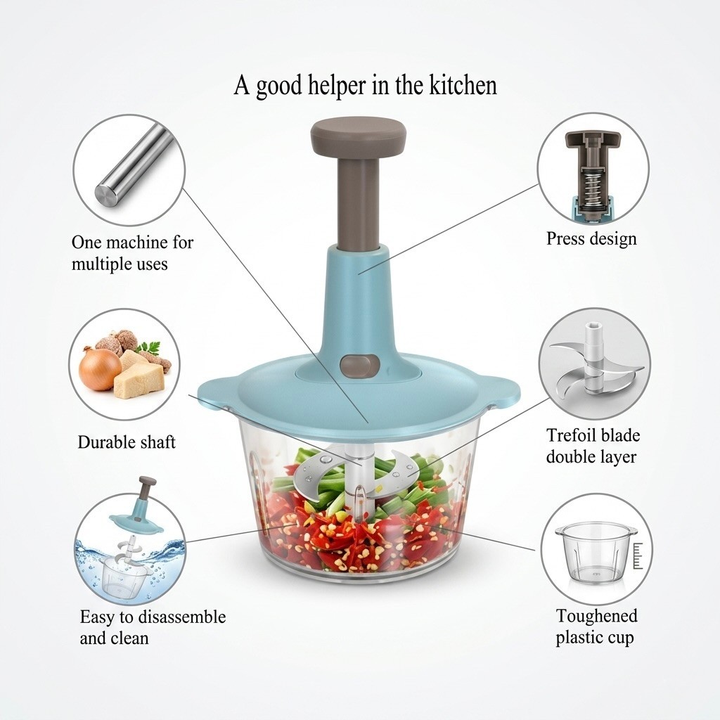 Manual Food Processor Push Type Chopper – 1.1L Capacity | Large Vegetable Cutter | Hand Press Food Chopper for Kitchen thumbnail 3