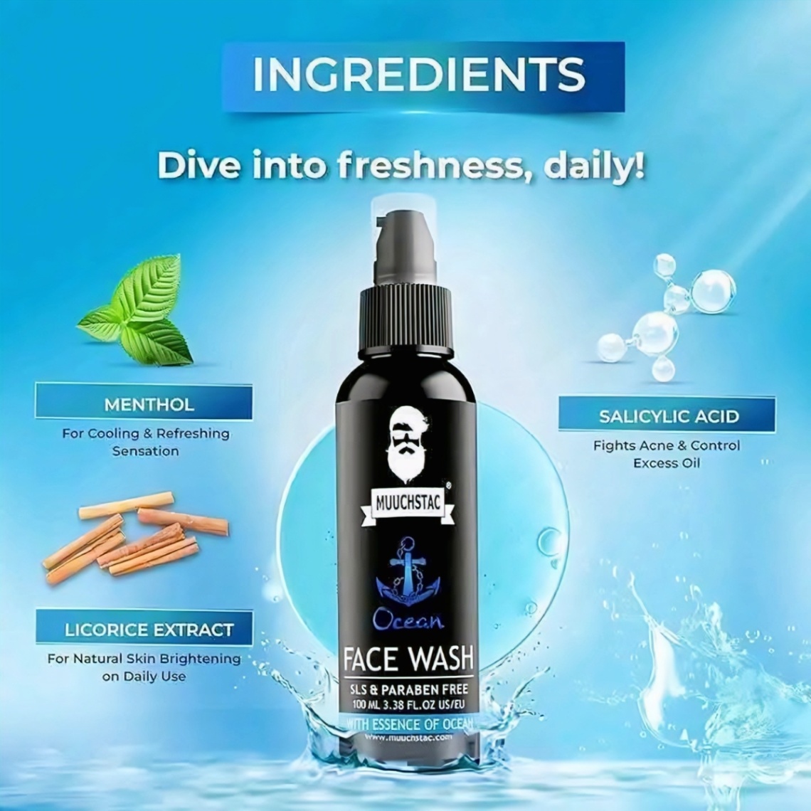 Muuchstac Ocean Face Wash for Men (100ml) - Anti-Acne & Oil Control Cleanser thumbnail 3