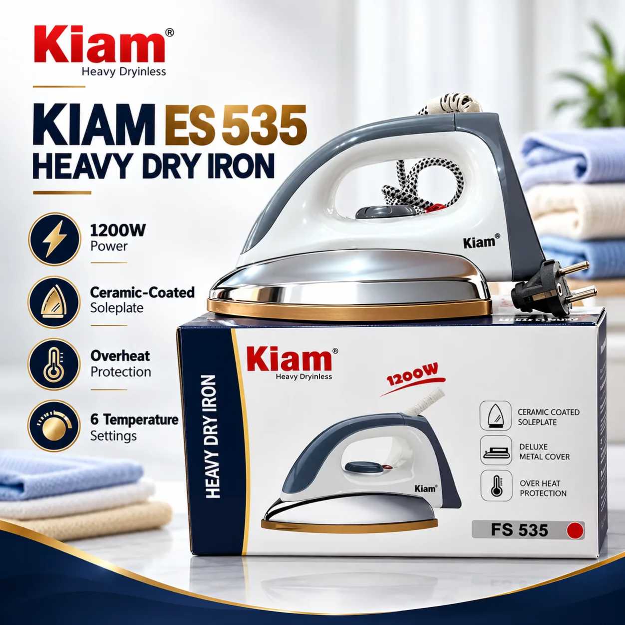 Kiam ES-535 Heavy Dry Iron (1200W) – Ceramic Coated Gold Soleplate & Heavy Weight Cloth Press