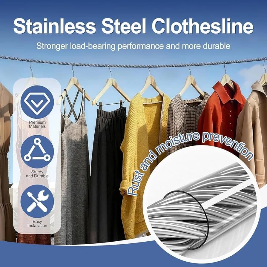 Stainless Steel Clothes Drying Rope 5 Meter/16.5 Feet with Carabiner Hooks, Heavy Duty Rust Proof Clothesline, Strong Steel Wire Cloth Line for Balcony, Bathroom, Camping, Travel, Indoor & Outdoor Use thumbnail 6