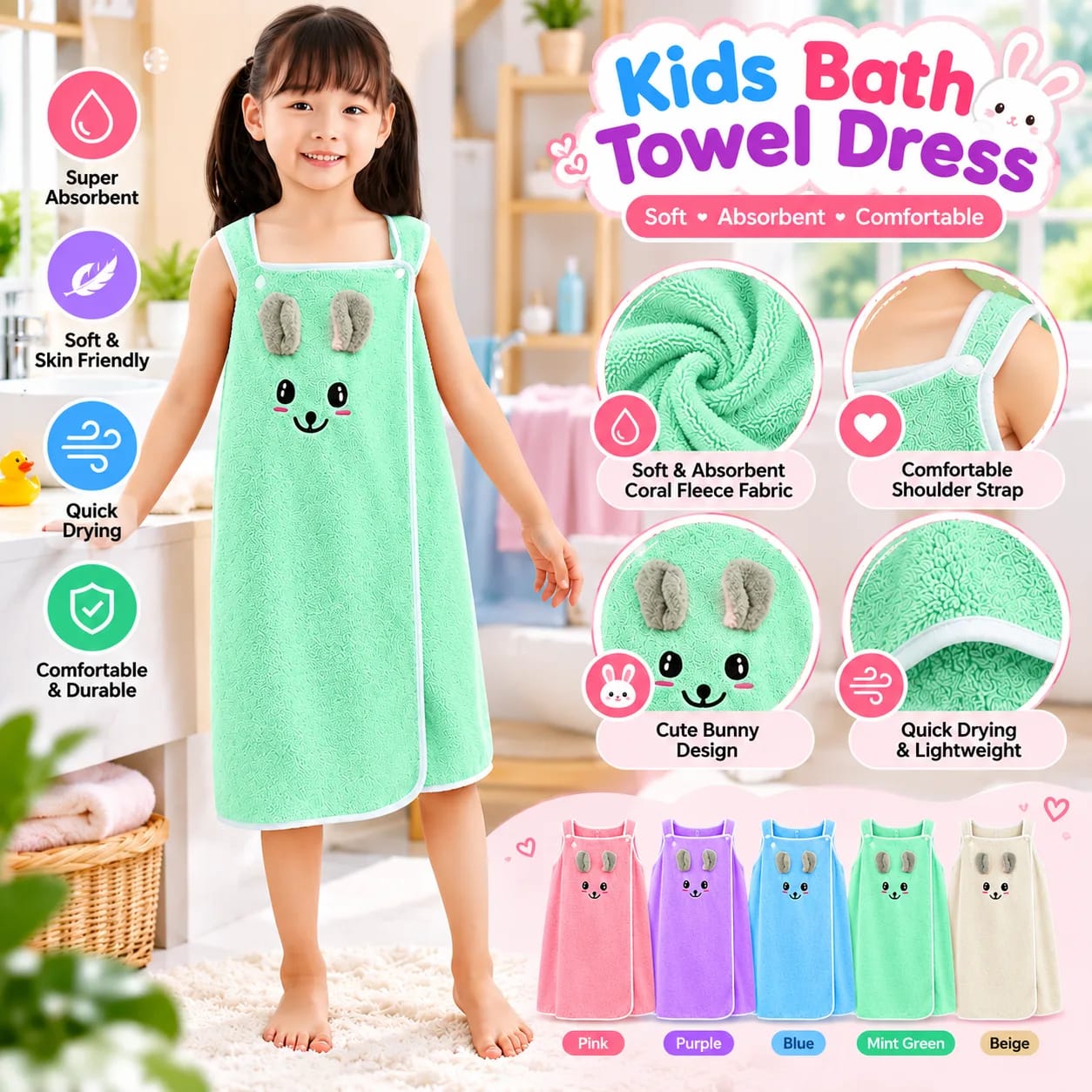 Baby Bath Towel Dress, Microfiber Baby Towel Dress, Faxianther Kids Bath Towel Wrap with Straps Soft Coral Fleece Bath Skirt Girls Thick Water Absorption Quick Dry Swimming Towels Animal Design Changing Robe Beach Bath Towels thumbnail 2