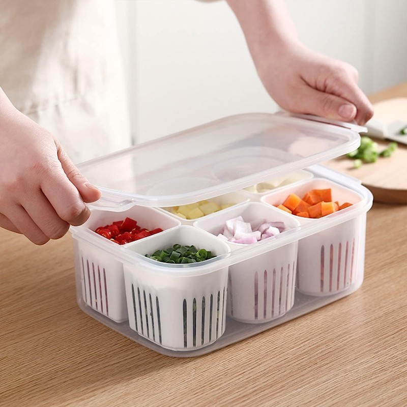 Premium 6 Grids Refrigerator Storage Box – Multifunctional Airtight Food Grade Fridge Organizer for Spices, Ginger, Garlic & Vegetables thumbnail 2