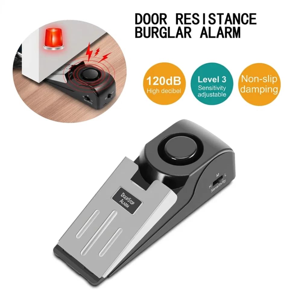 Wireless Door Stop Alarm Stainless Steel 3 Sensitivity Level Sensor Wedge-shaped Portable Home Office Travel Security Protection