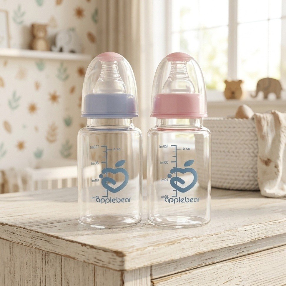 Apple Bear Baby Feeding Bottle 120ml Glass Baby Feeder Mum Pot with Silicone Teether thumbnail 5