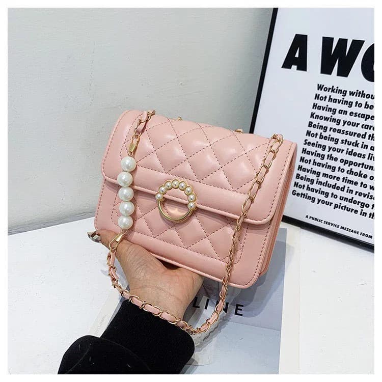 Pearl Bag Premium Diamond Lattice Chain Women's Shoulder Bag | Stylish PU Leather Handbag for Party, Casual & Trendy Fashion thumbnail 6