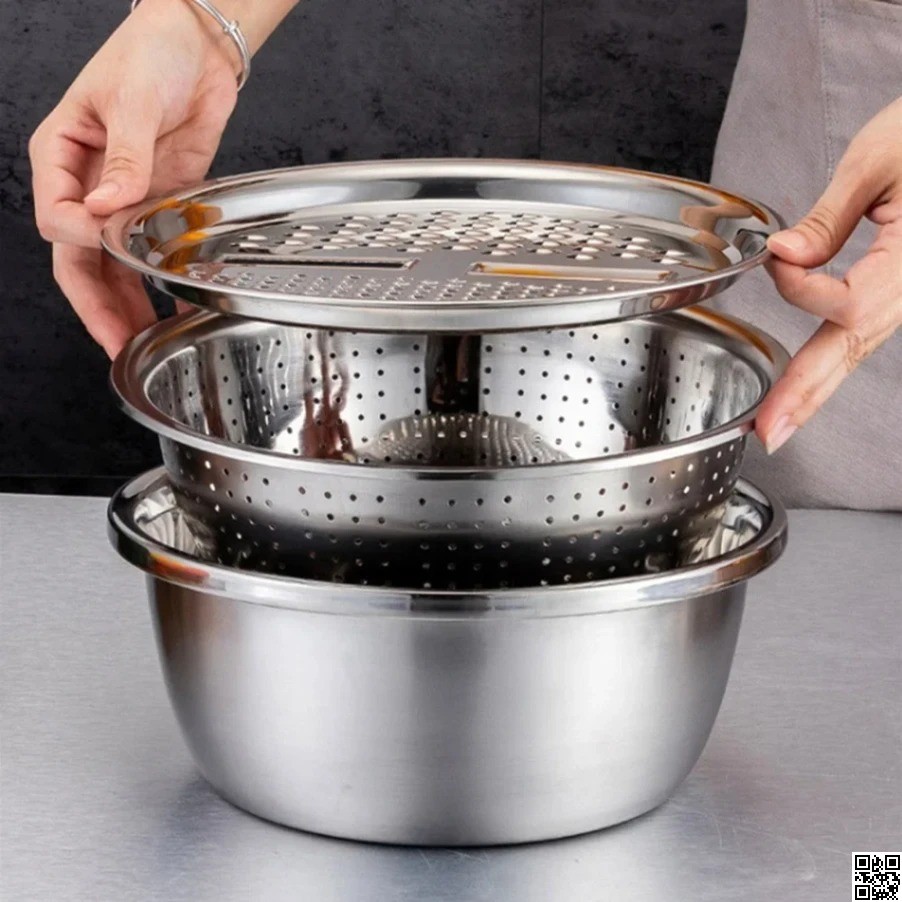 Stainless Steel 3 in 1 Vegetable Cutter & Drain Basket – Multifunctional Basin Set thumbnail 2