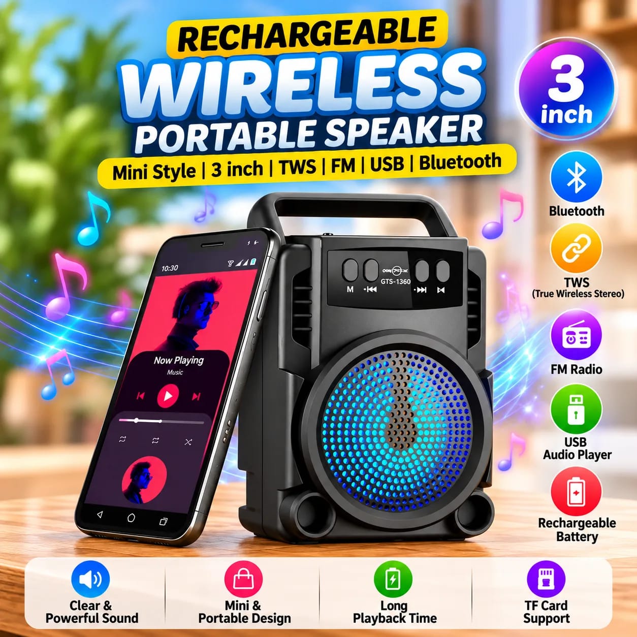 Rechargeable Wireless Portable Speaker Mini Style 3 Inch Tws, Fm, Usb Audio Player - Bluetooth Speaker GTS-1360