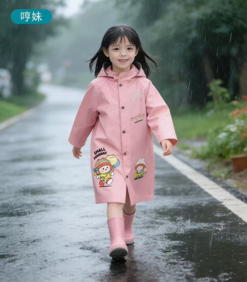 3D Cartoon Kids Raincoat with School Bag Pocket & Waterproof Transparent Face Shield thumbnail 3
