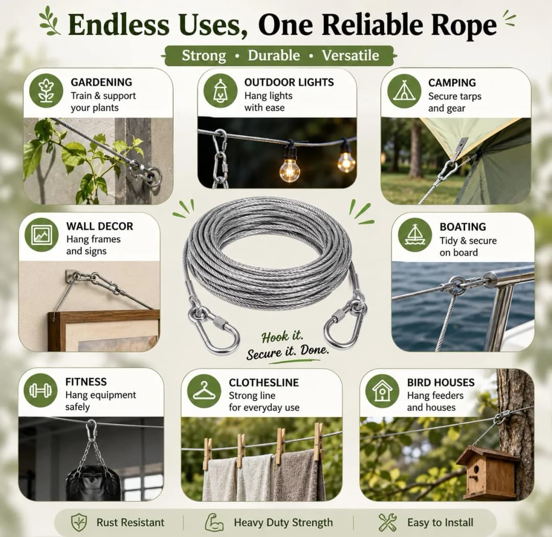 Stainless Steel Clothes Drying Rope 5 Meter/16.5 Feet with Carabiner Hooks, Heavy Duty Rust Proof Clothesline, Strong Steel Wire Cloth Line for Balcony, Bathroom, Camping, Travel, Indoor & Outdoor Use thumbnail 4