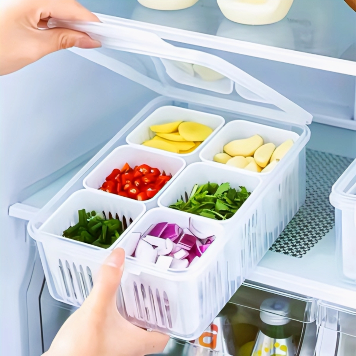 Premium 6 Grids Refrigerator Storage Box – Multifunctional Airtight Food Grade Fridge Organizer for Spices, Ginger, Garlic & Vegetables