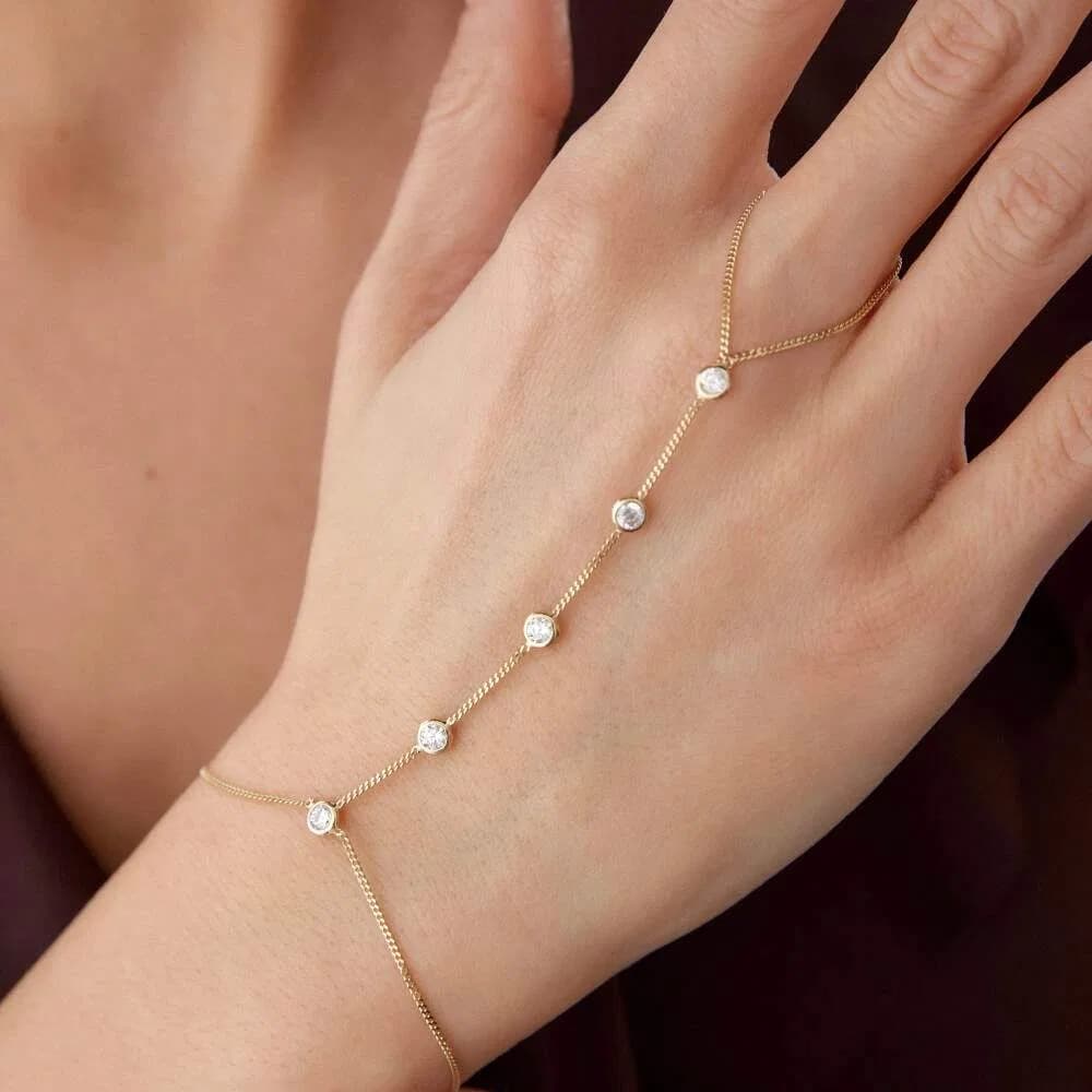 Ring Bracelet Hand Chain, Unique Finger And Hand Bracelet, Diamonds Hand Chain Bracelet thumbnail 2