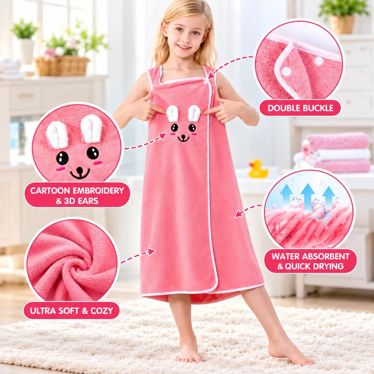 Baby Bath Towel Dress, Microfiber Baby Towel Dress, Faxianther Kids Bath Towel Wrap with Straps Soft Coral Fleece Bath Skirt Girls Thick Water Absorption Quick Dry Swimming Towels Animal Design Changing Robe Beach Bath Towels thumbnail 3