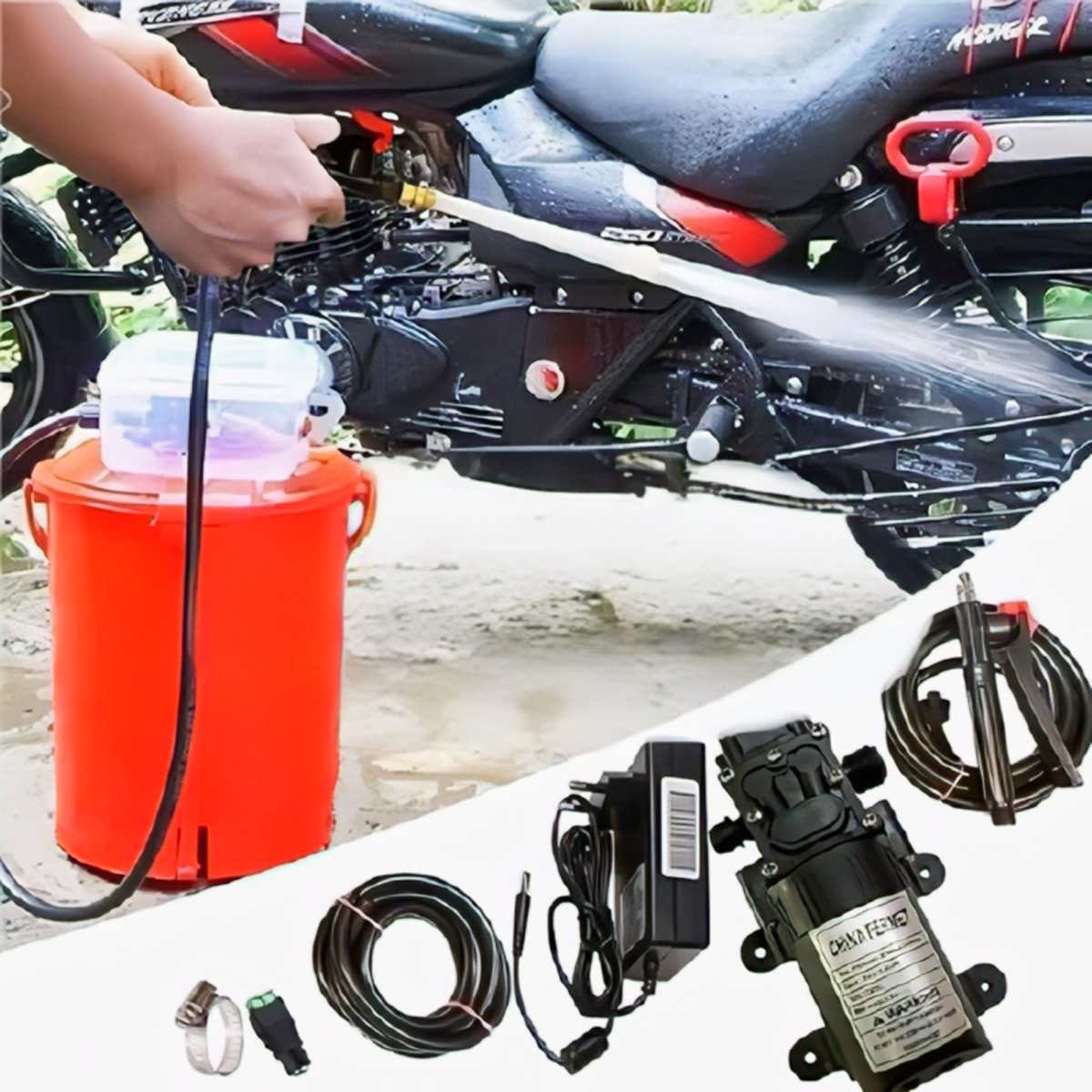 High-Pressure 12V 100W Portable Bike & Car Washer Combo Set – Multifunctional Water Pump with Spray Gun & Power Adapter