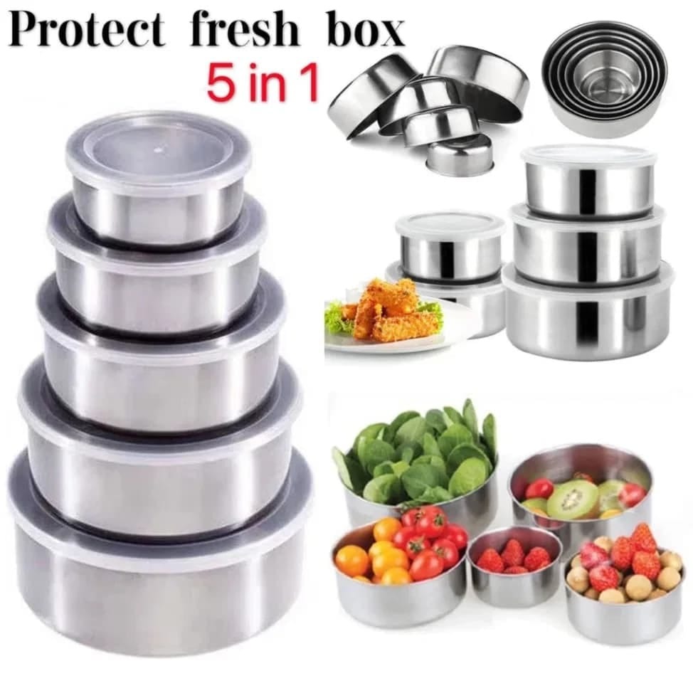 Stainless Steel Food Box 5 Pieces Set – Food Storage Bowls with Plastic Lid