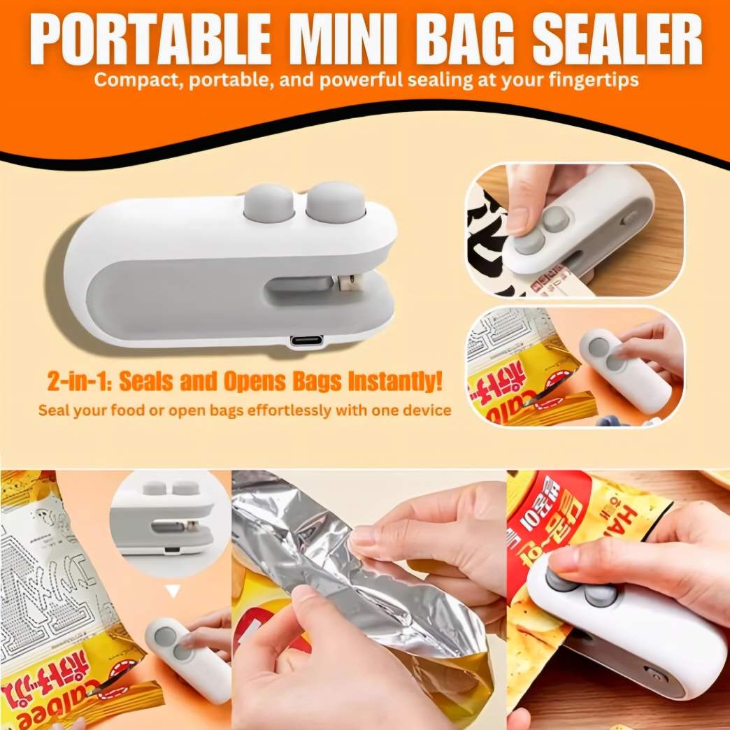 Mini Bag Sealer, Rechargeable Heat Sealer, 2 in 1 Chip Bag Sealer & Cutter, Mini Bag Sealer Machine, Portable Handheld Food Sealer for Plastic Bags