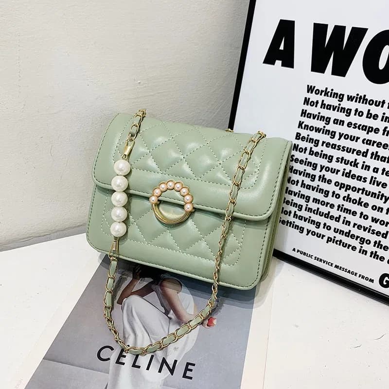 Pearl Bag Premium Diamond Lattice Chain Women's Shoulder Bag | Stylish PU Leather Handbag for Party, Casual & Trendy Fashion thumbnail 9
