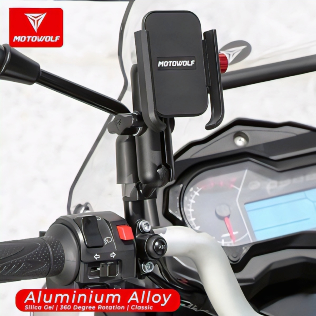 Motowolf V3 Mobile Phone Holder for Bike Mirror Mount - 360 Degree Rotation Shield Design