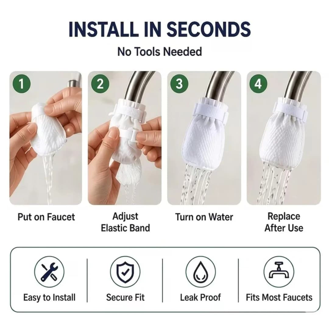 10 Pieces Faucet Filter Bags with 1 Fastening Straps, Reusable Non-Woven Fabric Anti Splash Water Filter for Kitchen and Bathroom thumbnail 4