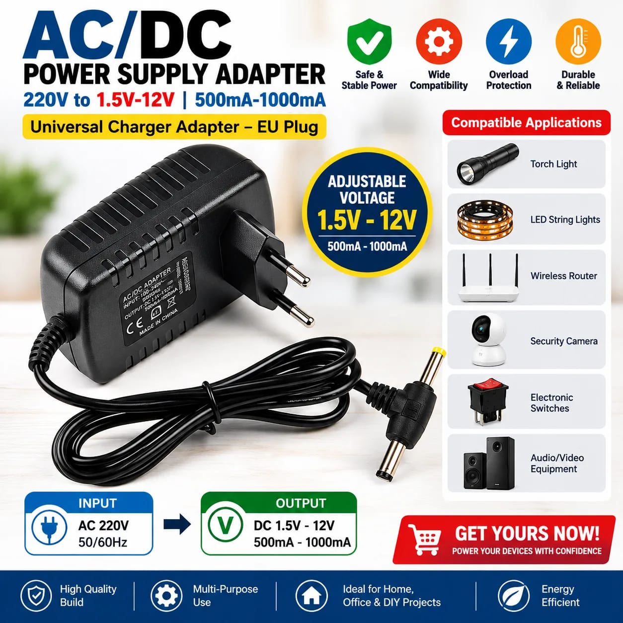 Star AC/DC Power Supply Adapter 220V to 1.5V-12V, 500mA-1000mA Universal Charger Adapter With 2 Jack – EU Plug (Black) thumbnail 3