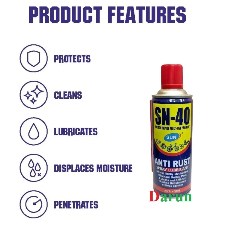 SN-40 Anti Rust Spray Lubricant 450ml Rust Remover Cleaner Protector Spray for Metal Tools Locks Hinges Car Bike Bangladesh thumbnail 2