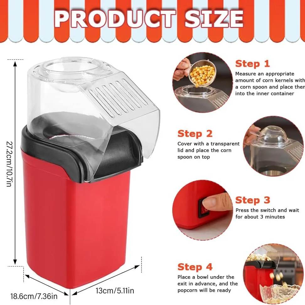 Hot Air Popcorn Machine, Mini Hot Air Popcorn Maker Without Oil, 1200W Popcorn Machine thumbnail 6