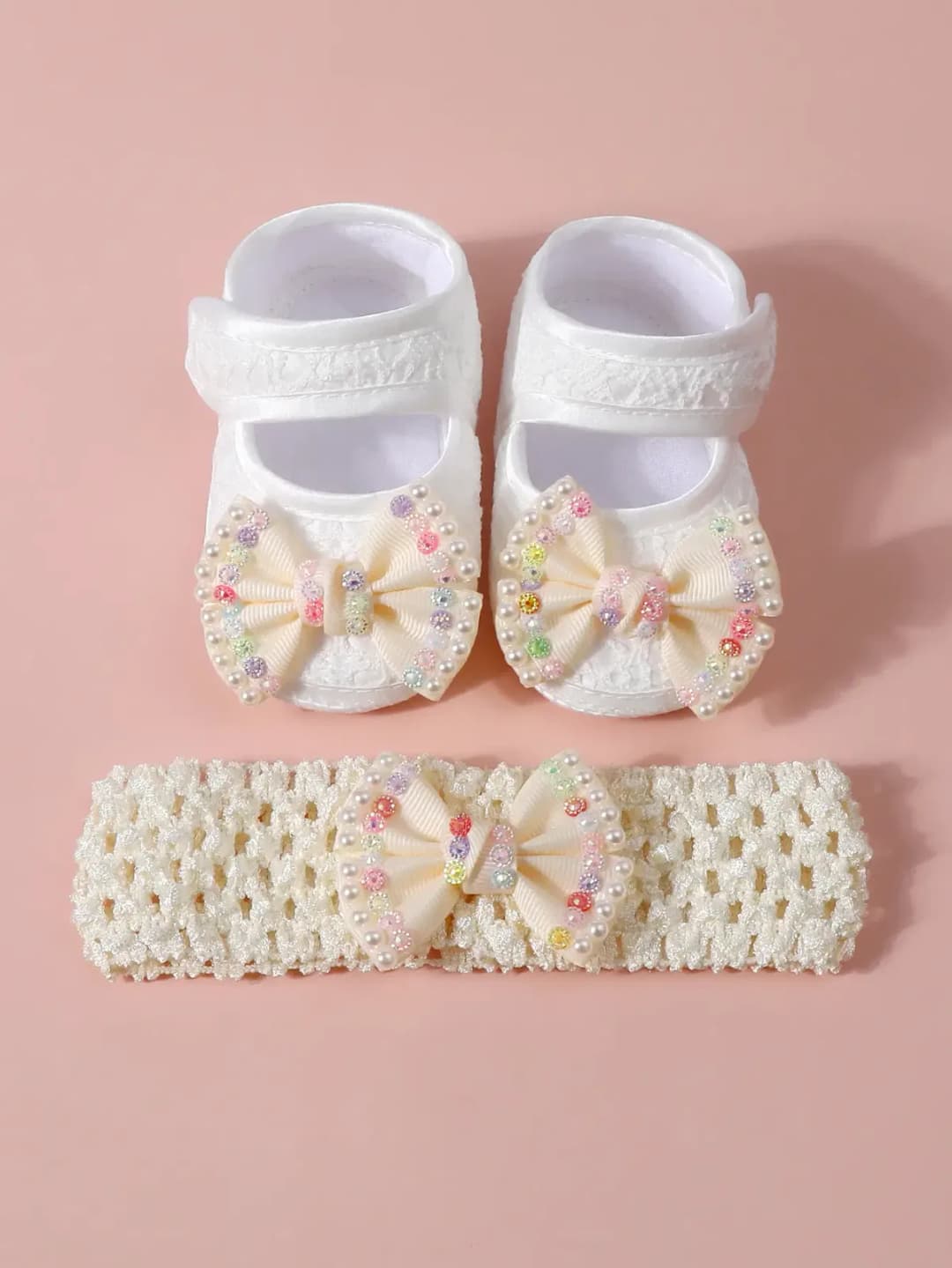 Baby Girls Baptism Shoes and Headband Set, Newborn Baby Soft Sole Princess Shoes And Hair band. thumbnail 4