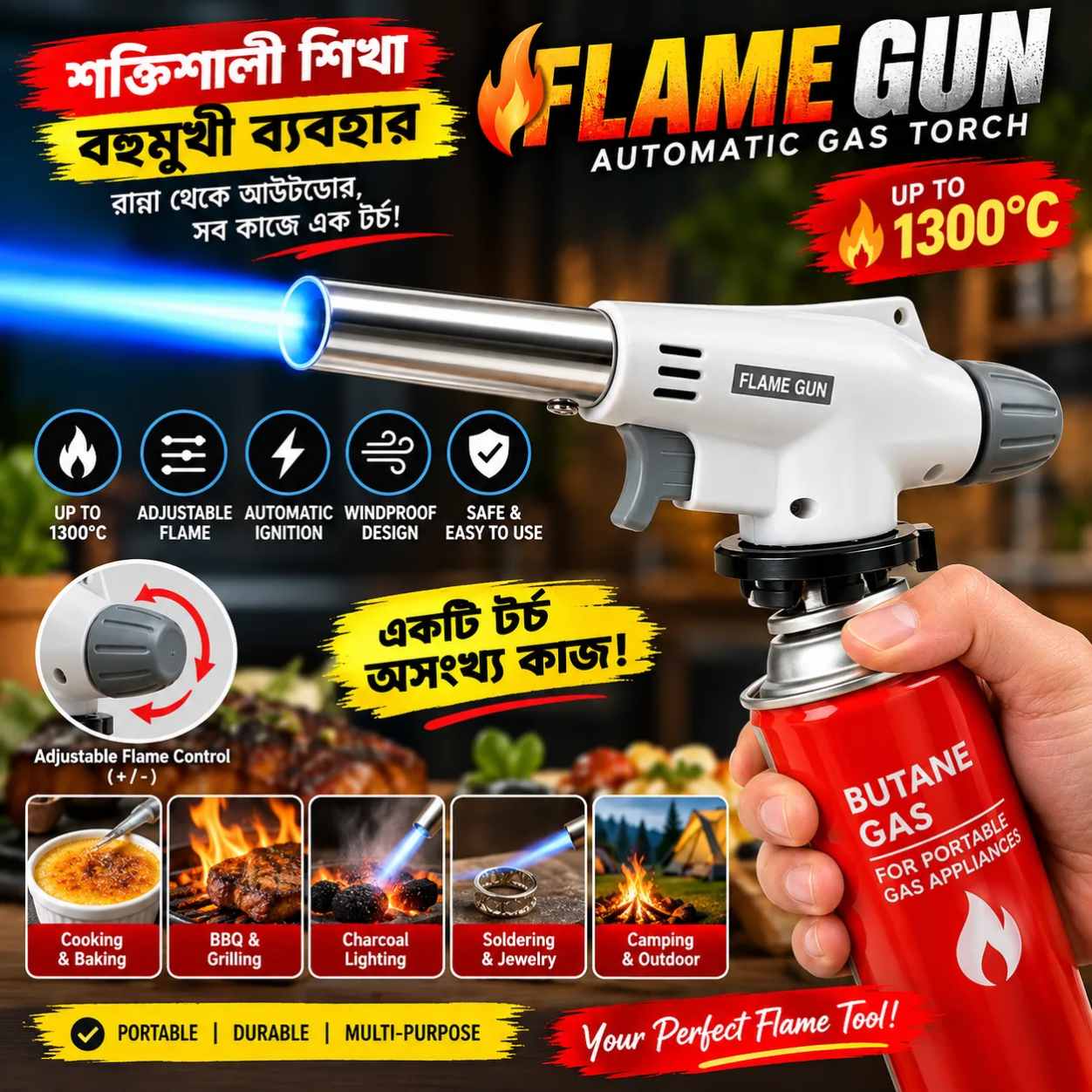 Automatic Flame Gas Torch, Butane Torch Kitchen Blow Lighter - Culinary Torches Chef Cooking Professional Adjustable Flame with Reverse Use for Creme, Brulee, BBQ, Baking, Jewelry