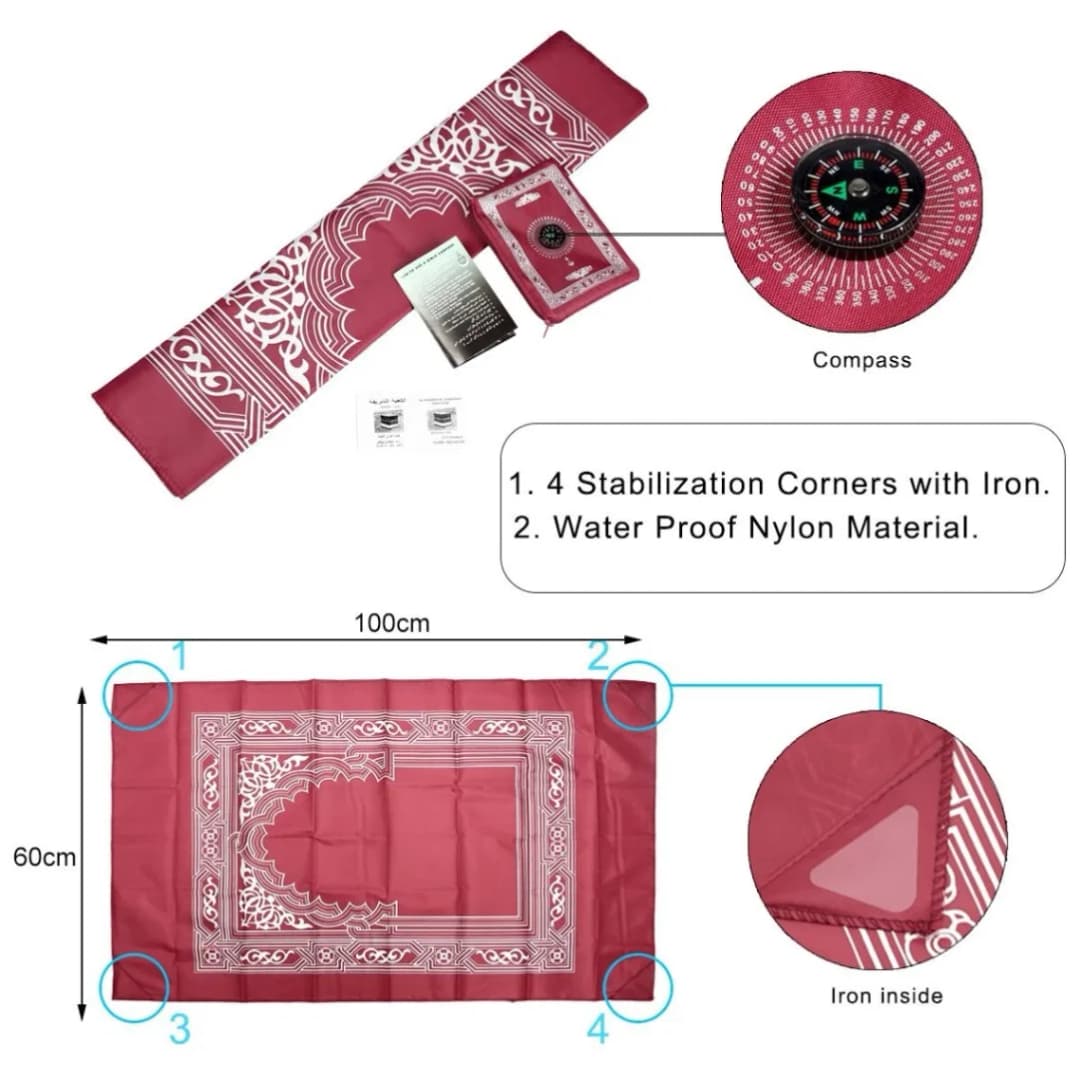 Pocket Prayer Mat with Qibla Direction Compass, Pocket Jaynamaz thumbnail 5