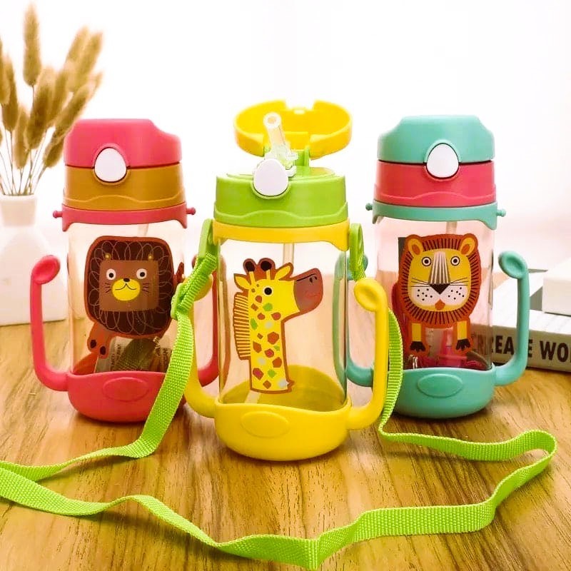 400ml Cartoon Water Bottle with Straw & Shoulder Strap – Kids Mum Pot Sippy Cup