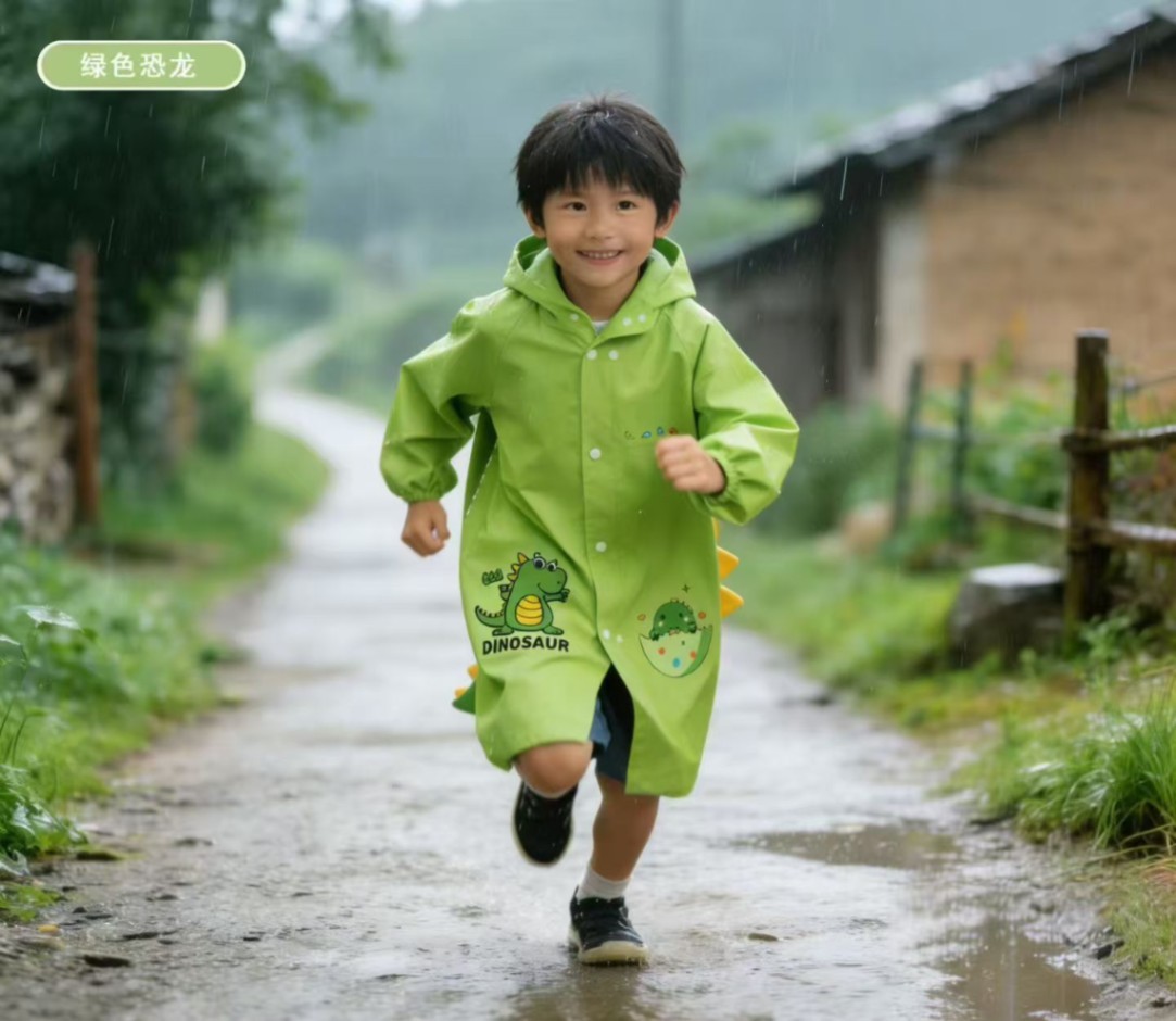 3D Cartoon Kids Raincoat with School Bag Pocket & Waterproof Transparent Face Shield