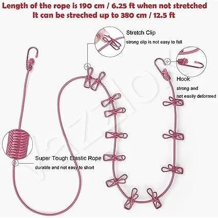 Elastic Clothes Drying Rope with 12 Clips – Portable Travel Cloth Line thumbnail 6