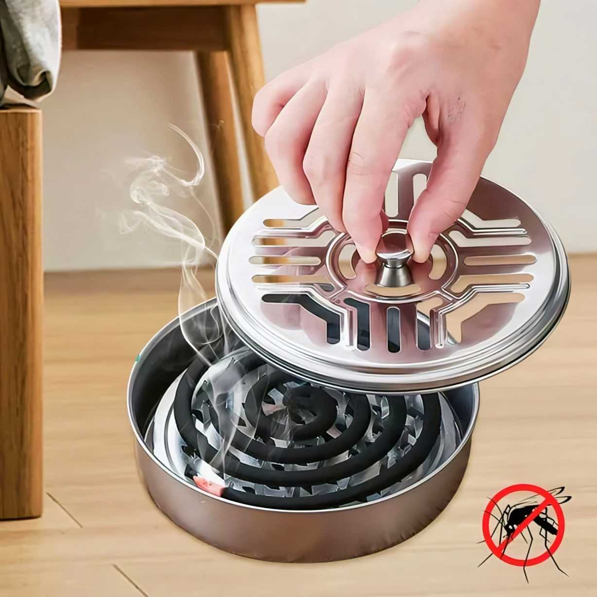 Round Mosquito Coil Holder, Mosquito Coil Incense Burner with Cover, Metal Mosquito Coil Holder