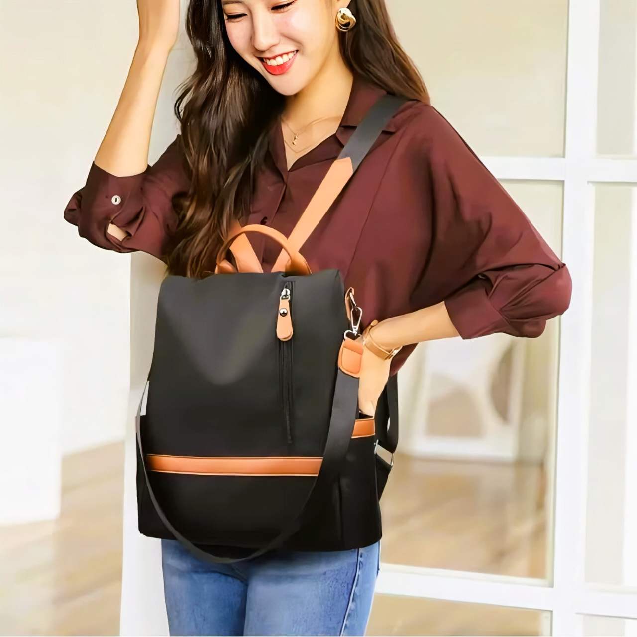 Women Large Capacity Outdoor Tote Bag (Orange/ black)