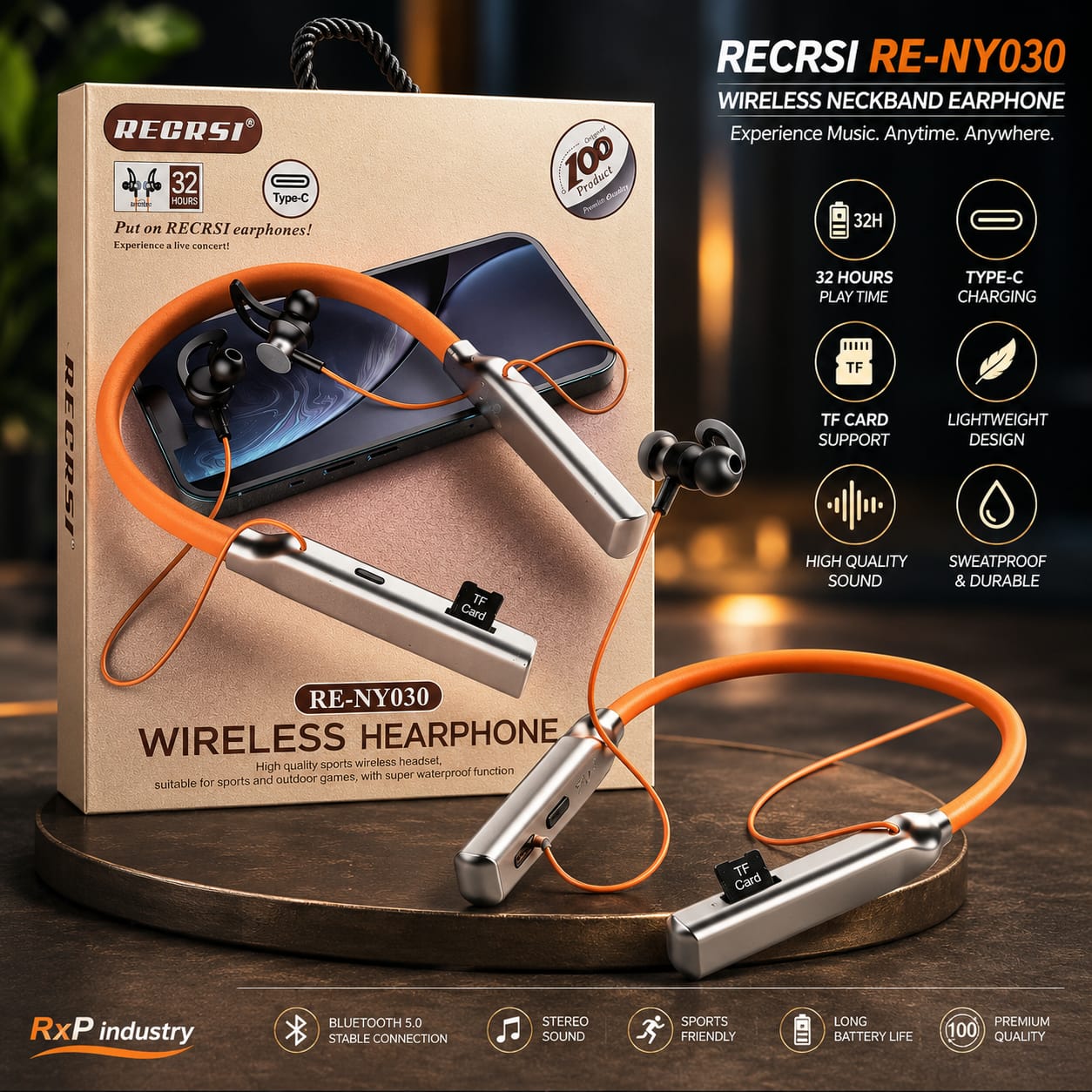 🎧 RECRSI RE-NY030 Wireless Neckband – Comfort & Powerful Sound!