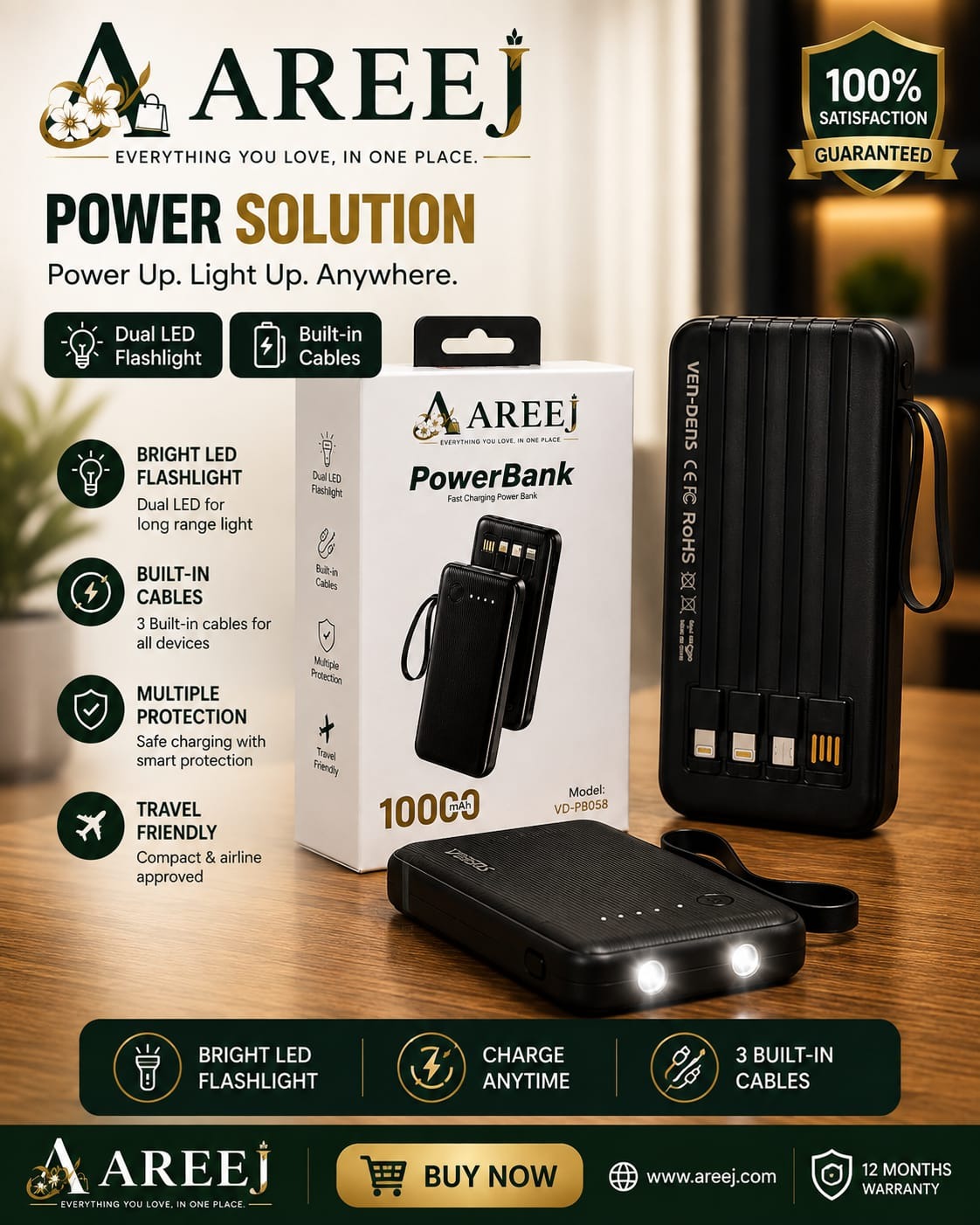 🔋 VEN-DENS 10000mAh Power Bank – Power & Convenience On the Go!