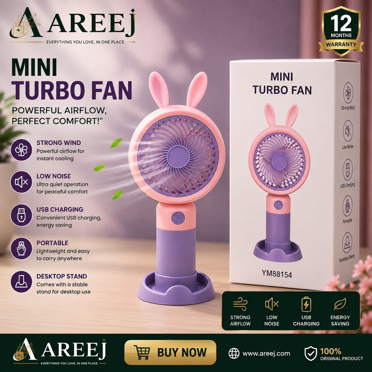YM88154 Mini Turbo Fan – Portable Rechargeable Handheld & Desktop USB Fan with Stand