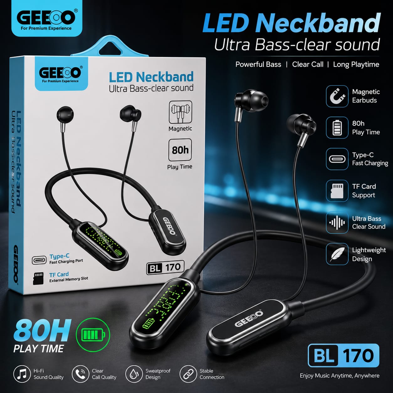 🎧 GEEOO BL170 LED Neckband – Stylish Design & Powerful Sound!