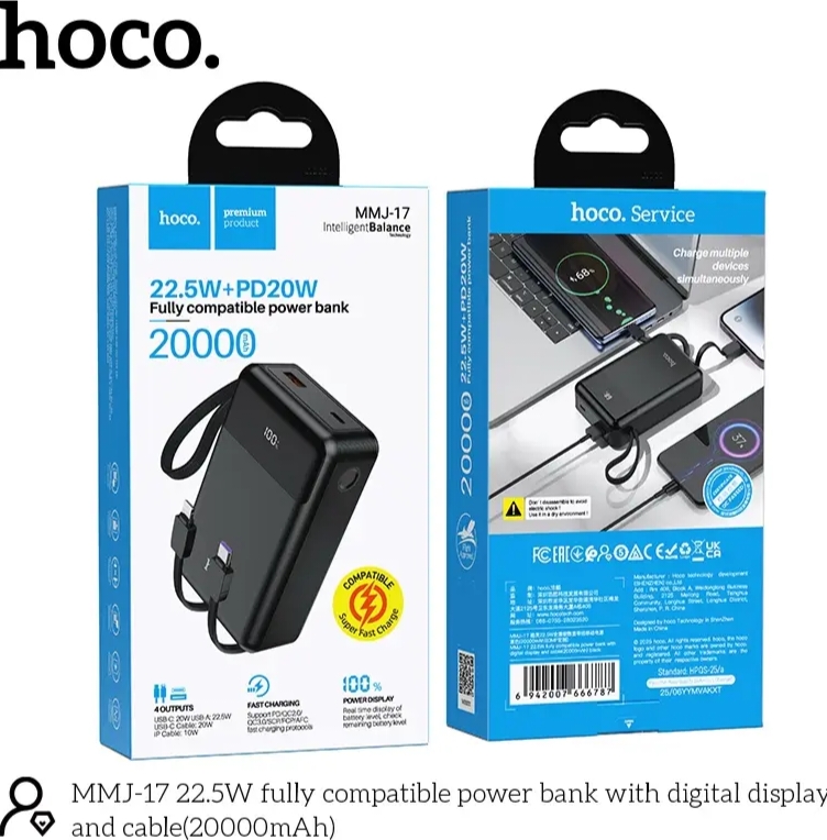 Hoco MMJ17 22.5W 20000mAh Fast Charging Power Bank with Built-in Lightning & Type-C Cables_img_1