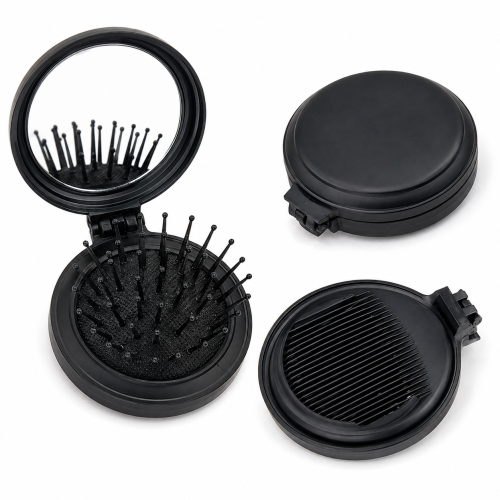 Vintage Black Mini Folding Pocket Hair Brush with Mirror & Comb_img_0
