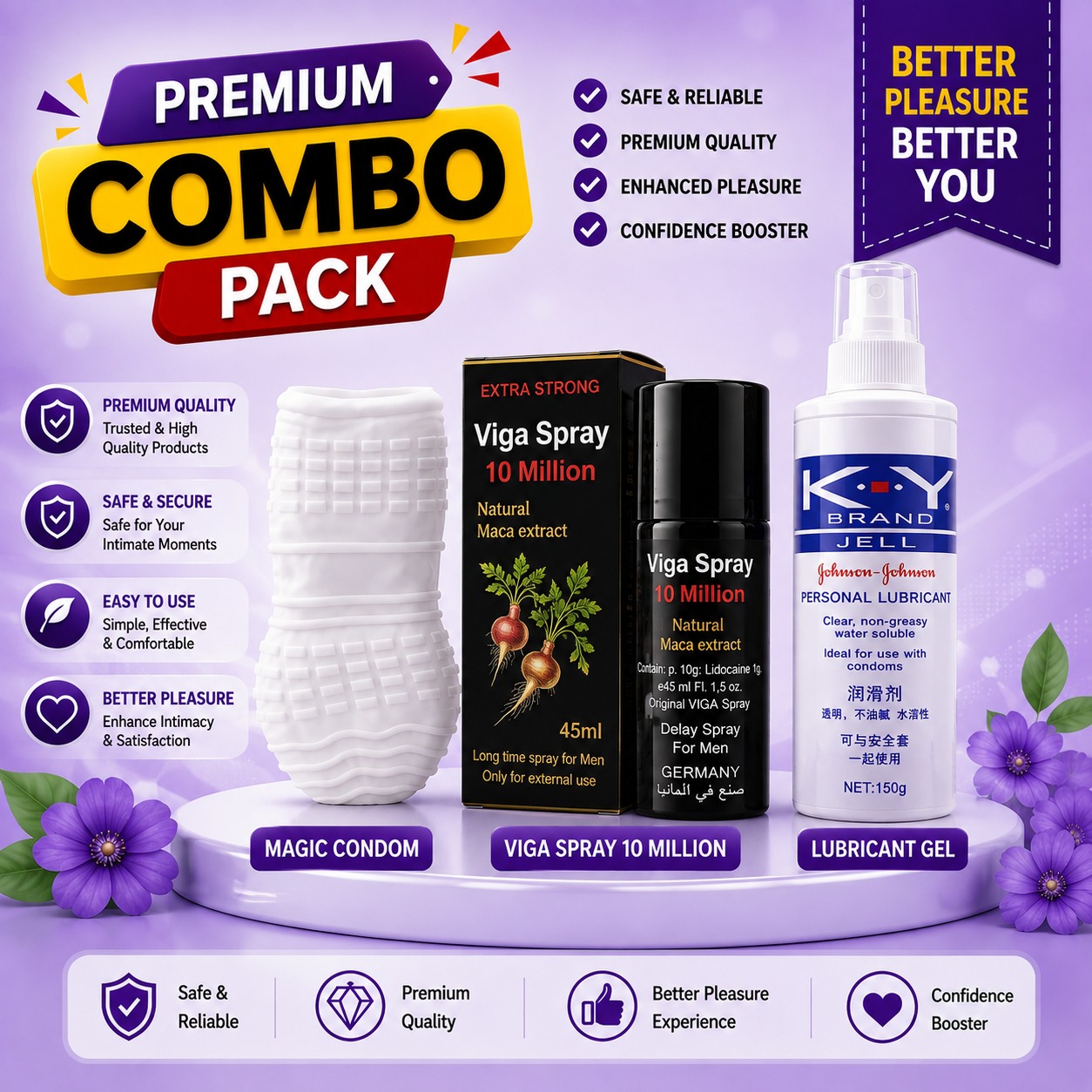 Extra Strong Combo Pack - Viga Spray 10 Million + K-Y Brand Jell + Reusable Magic Condom_img_0