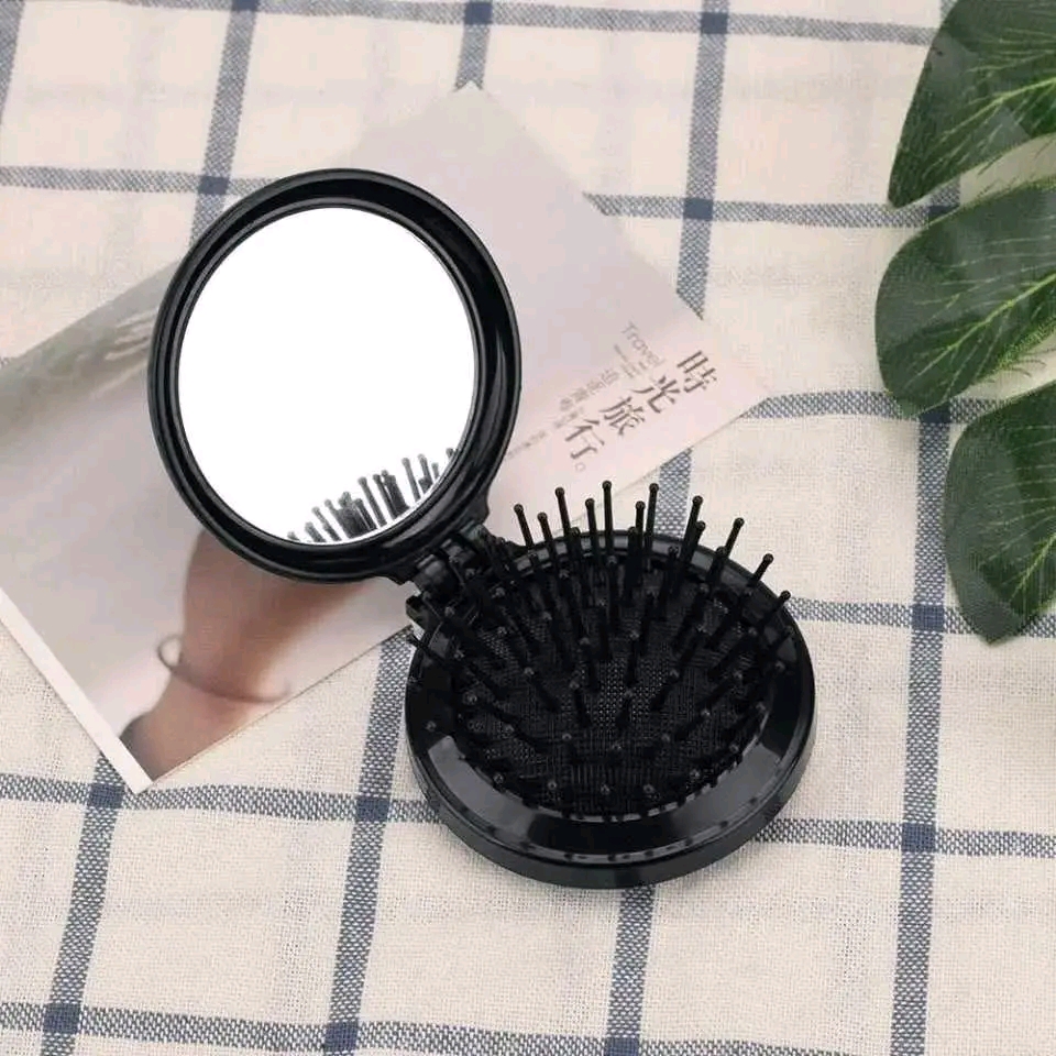 Vintage Black Mini Folding Pocket Hair Brush with Mirror & Comb_img_3