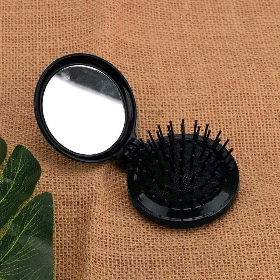 Vintage Black Mini Folding Pocket Hair Brush with Mirror & Comb_img_1