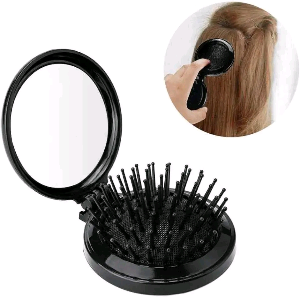 Vintage Black Mini Folding Pocket Hair Brush with Mirror & Comb_img_2