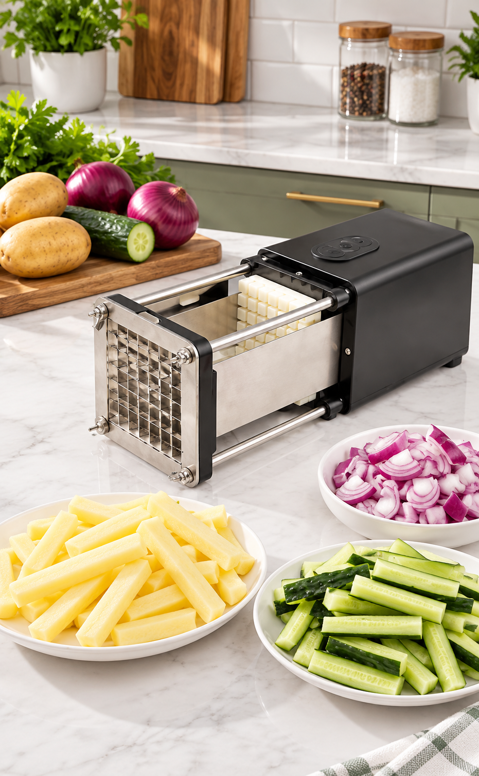 Electric French Fry Cutter, Commercial Grade Potato Chip Cutter with 1/2" 3/8" Blade, Stainless Steel, Use for Potato Onion Cucumbers Vegetable_img_3